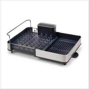 Extendable Dish Drying Rack with Dual Parts - Stainless Steel, Non-Scratch, Movable Utensil Drainer & Drainage Spout, Gray