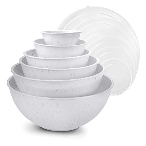 Cook with Color Mixing Bowls with Lids - 12 Piece Plastic Nesting Bowls Set includes 6 Prep Bowls and 6 Lids, Microwave Safe Mixing Bowl Set (Speckled White)