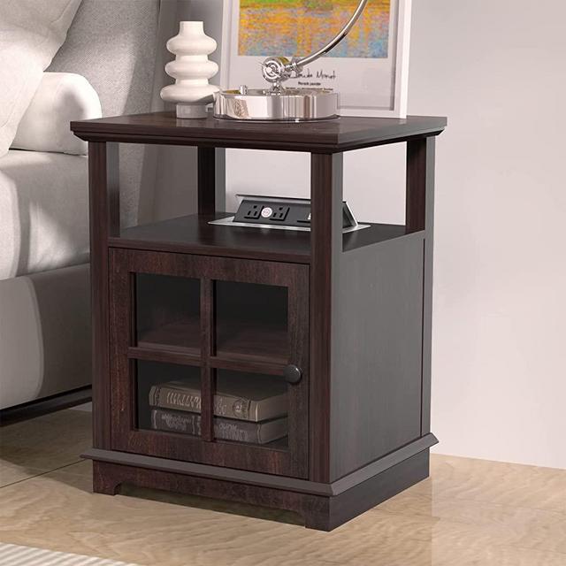 HIFYOBRO End Table with Wireless Charging Station, Nightstand with Storage, Espresso 22" Retro Side Table with Adjustable Shelf for Bedroom,Living Room