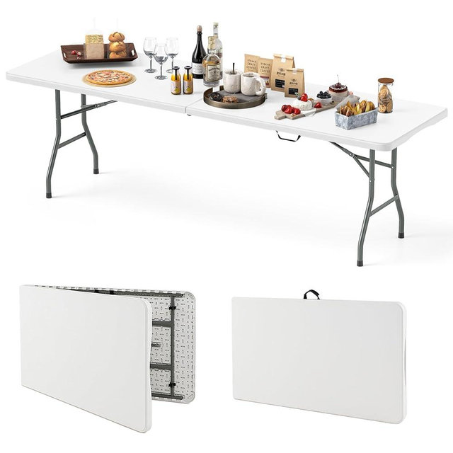 Goplus 8ft Plastic Folding Table, 350 LBS Outdoor Heavy Duty Folding Tables with HDPE Tabletop, Handle, Lock, Foldable Rectangle Portable Utility Card Table for Picnic, Party, Camping, Dining
