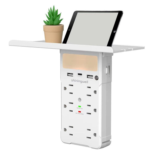 shiningwell Wall Outlet Extender with Shelf and Night Light, Surge Protector with 3 USB Ports (2A+1C) and 6 AC Outlets, Multi Plug Power Strip Electric Outlet Splitter for Home and Office Use (White)