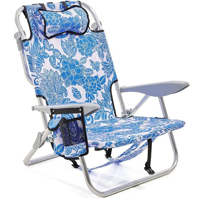 Canpsky Portable Beach Chair for Adults, Outdoor Lightweight Camping Chair Lay Flat Folding Backpack Beach Chair with 4 Positions, Headrest, Cooler Pouch, Cup Holder, Blue and White Porcelain