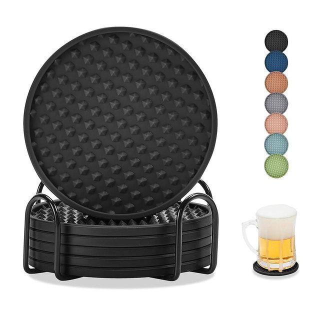 ButterMelt Coasters for Drinks, Silicone Coasters Set of 6 with Metal Holder, Outdoor Coaster for Coffee Table, Non-Slip Rubber Table Cup Mat Desk, Heat Resistant & Scratch-Proof (Black)
