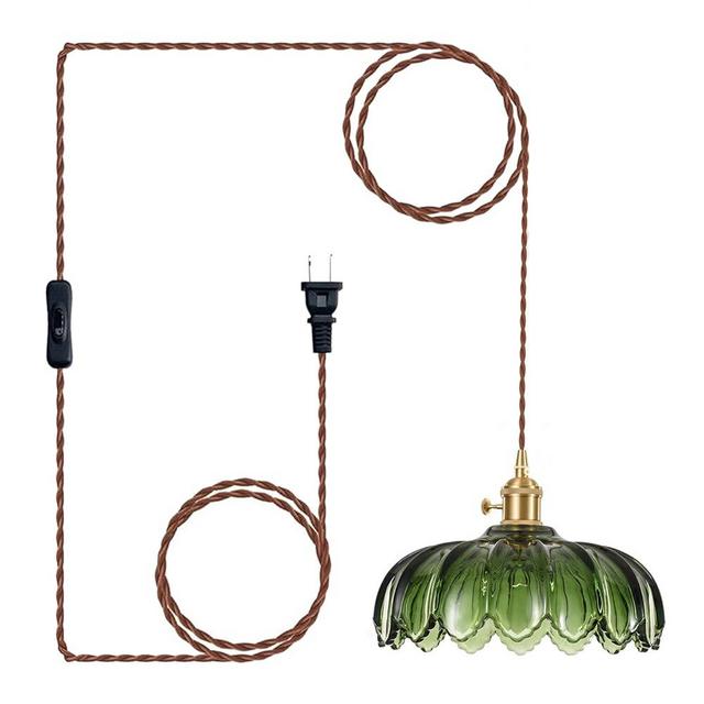 XZHGCEE Plug in Pendant Light Fixtures, Hanging Light Fixture Green Glass Pendant Light, Pendant Lighting for Kitchen Island, Bedroom, Dining Room, Living Room, E26 No Bulb