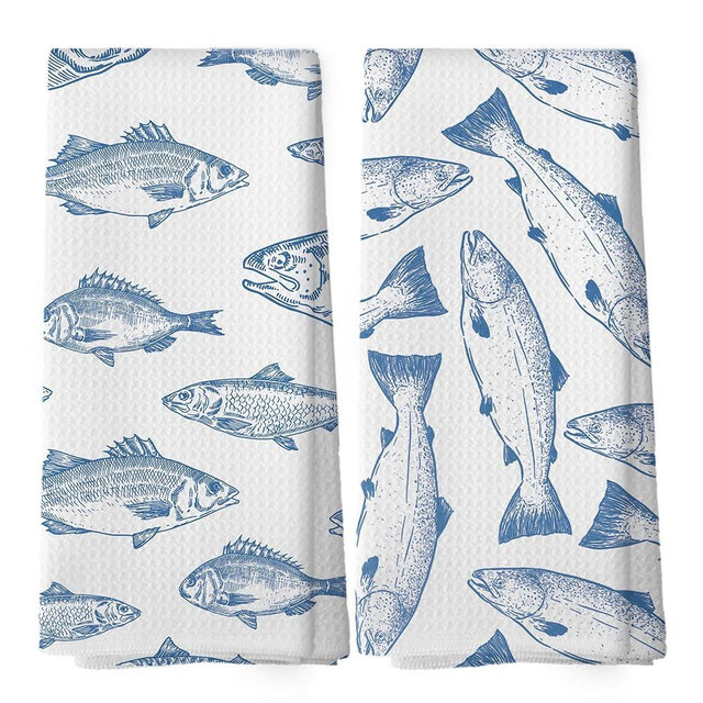 shiviody Coastal Fish Kitchen Towels - Ocean Beach Dish Towels, Blue Nautical Beachy Fish Decorative Absorbent Dishcloths Hand Towels Set of 2 for Kitchen Bathroom Decor 16x24 Inches