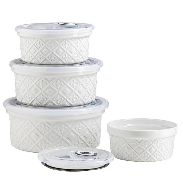 MISSYSSIM Large Mixing Bowls with Airtight Lids, Classic White Porcelain Embossed Nesting Mixing Bowl for Baking and Cooking, 12/16/28/40 oz Serving Bowls Set of 4, Oven and Dishwasher Safe