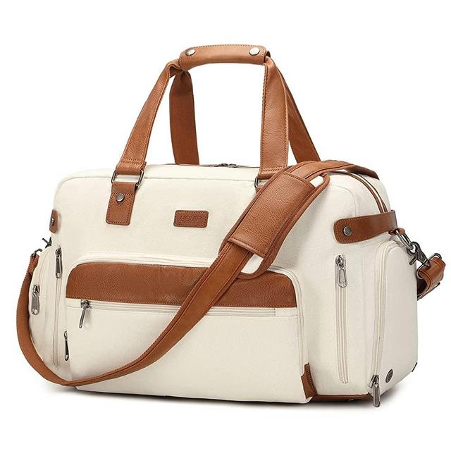 BOVIP Canvas Overnight Bag Travel Carry on Shoulder Duffel Bag Weekender Bag with Shoes Compartment for Men Women White
