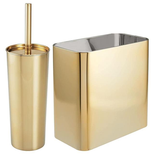 mDesign Modern Compact Freestanding MetalToilet Bowl Brush and Rectangle Open Wastebasket Garbage Can Combo Set for Bathroom Storage - Sturdy, Deep Cleaning - Set of 2 - Brass