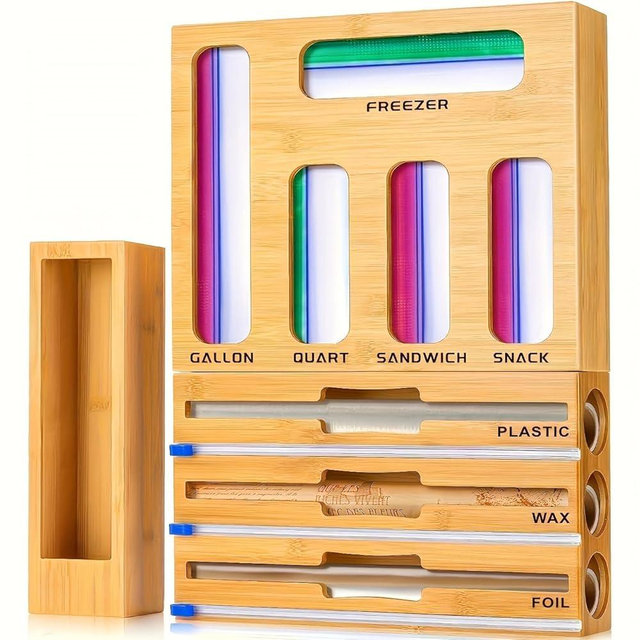 LDQ 9-in-1 Shatterproof Square Bamboo Storage Box - Aluminum Foil Dispensr with Cutter, Reusable Quarter Multi-Functional Sealed Bag Organizer for Kitchen Drawers, Walls, and Cabinetse
