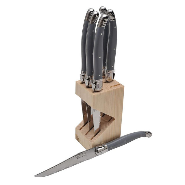 Jean Dubost Laguiole 6-Piece Steak Knife Set, Gray Handles - 1.2 mm Blades - Rust-Resistant Stainless Steel - Includes Wooden Block - Made in France