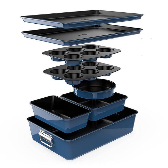 8-Piece Nonstick Stackable Bakeware Set - PFOA, PFOS, PTFE Free Baking Tray Set w/ Non-Stick Coating, 450°F Oven Safe, Round Cake, Loaf, Muffin, Wide/Square Pans, Cookie Sheet (Blue)