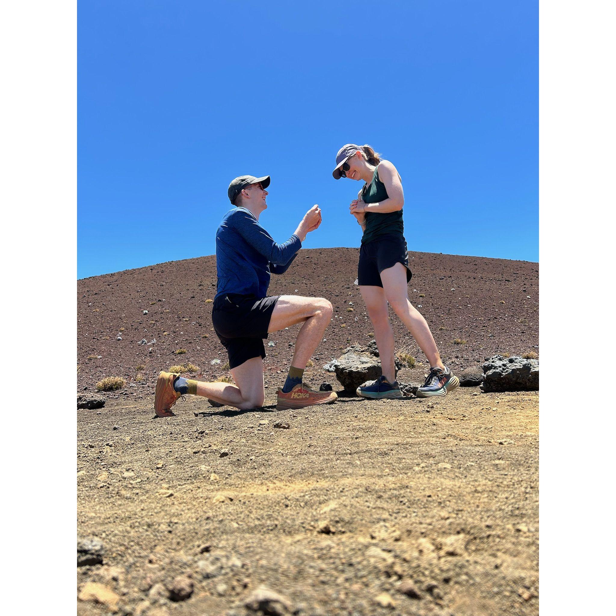 2024-08-14 – Mac proposed on a hike through the Haleakala crater 🌋 Luckily, Erin decided not to cast the One Ring into the lava.