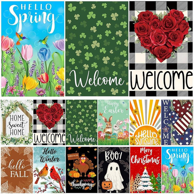 Seasonal Garden Flags Set of 12, Double Sided12x18 Inch Yard Flags, Small Garden Flags for Outside, Christmas Garden Flag, Fall Winter Halloween Outdoor Flag, Holiday Garden Decor for All Season