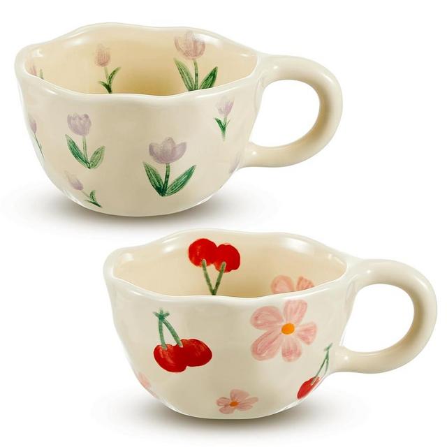 Vesici 2 Pcs Ceramic Coffee Mug Creative Flower Cup Floral Mug with Handles 8.5 oz Cute Aesthetic Tea Porcelain Mug for Office Home, Dishwasher and Microwave Safe (Cute)