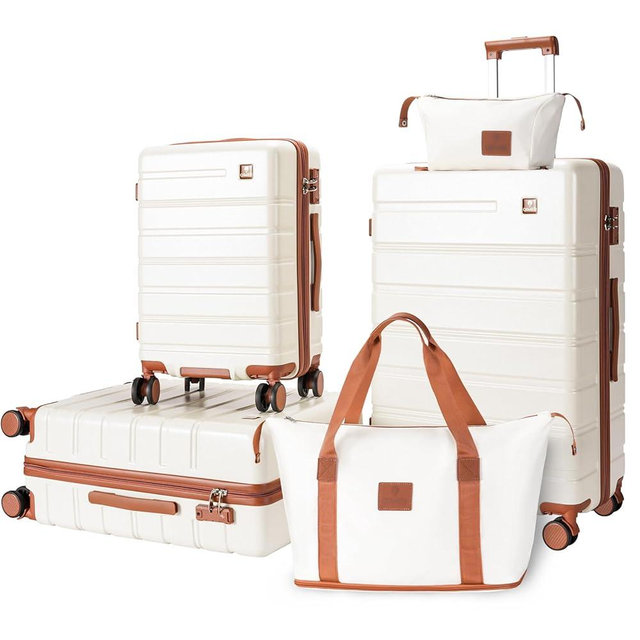 QIMER Luggage Sets 5 Piece Polycarbonate Hard Shell Suitcases Airline Approved, Lightweight Luggage with Spinner Sheels TSA Lock, YKK Zippers, Suitable for Family Travel Beige(20/24/28/DB/TB)