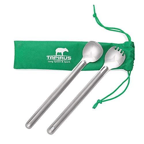 Tapirus Long Handle Spoon and Spork Set - Deep Reach Stainless Steel Cooking Eating Utensils Access Bag Bottoms, Keep Hands Clean and Away from Heat + Carry Bag Ideal for Hiking, Camping, Backpacking