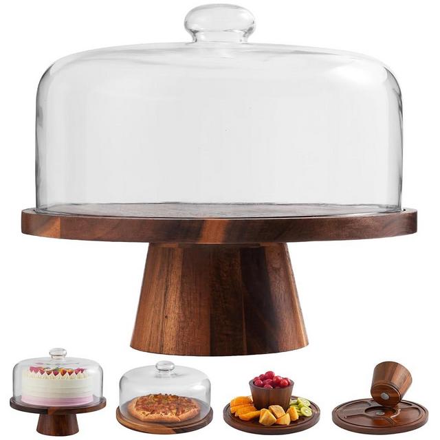 ChilkukUie Acacia Wood Cake Stand with Glass Lid – 12" Magnetic Base, Detachable Serving Tray for Cake, Cheese, Charcuterie, Snacks & Desserts – Wooden Cake Holder for Parties & Kitchen Display