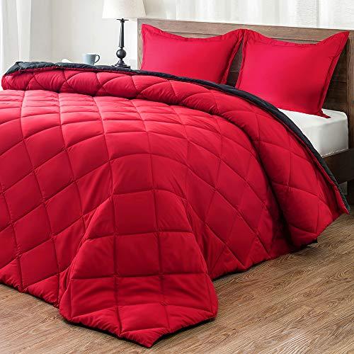 downluxe Lightweight Solid Comforter Set (Queen) with 2 Pillow Shams - 3-Piece Set - Red and Black - Down Alternative Reversible Comforter
