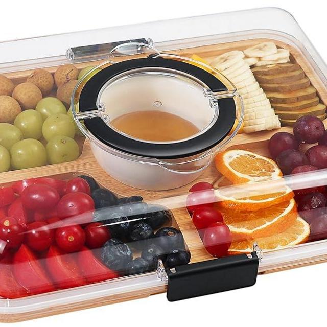 Renmxj Charcuterie Board with Clear Lid, Travel Portable Cheese Board Charcuterie Boxes Cutting Boards for Kitchen, House Warming Gifts New Home, Gifts for Women (5 Compartments Black)