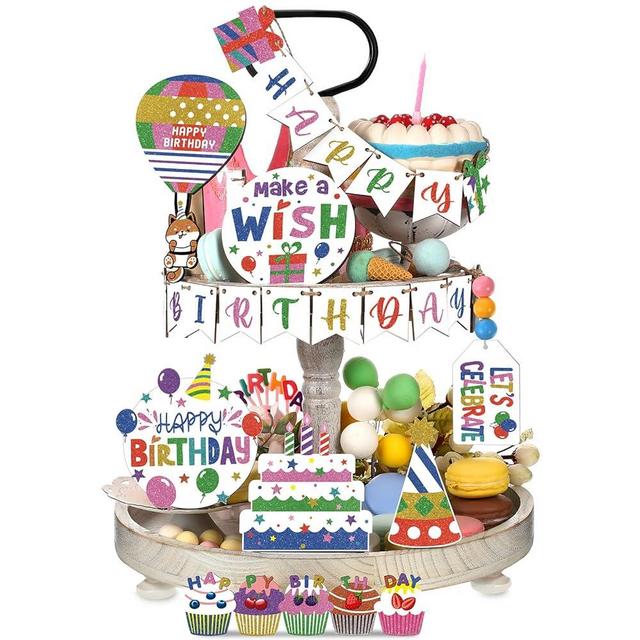 9 Pcs Birthday Tiered Tray Decor Farmhouse Tiered Tray Decor for Birthday Decor Colorful Birthday Party Supplies Wooden Happy Bday Table Decorations(Cake Style)