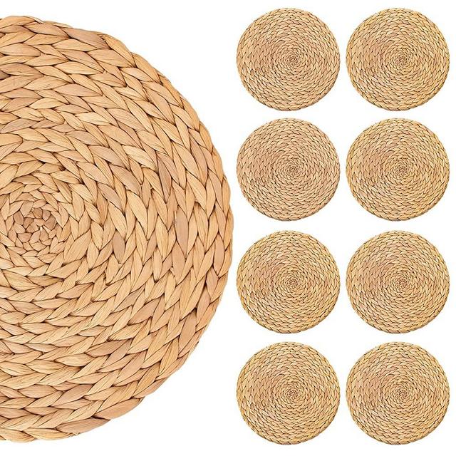 8 Pack Woven Placemats for Dining Table Round Natural Water Hyacinth Placemats Wicker Seagrass Rattan Placemats Heat Resistant Non-Slip Weave Mat Handmade (14.2" Round)