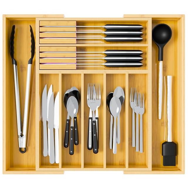 Kitchen Drawer Organizer, Bamboo Expandable Silverware Organizer and Utensil Drawer Organizer with 2 Knife Blocks, Utensil Holder and Cutlery Tray Adjustable Dividers for Flatware (Natural)