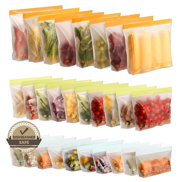 28 Pack Reusable Food Storage Bags,Leakproof Freezer Bags BPA Free Stand Up Sandwich Bags for Lunch Salad Fruit Travel,Dishwasher Safe(8 Gallon,10 Sandwich,10 Snack)