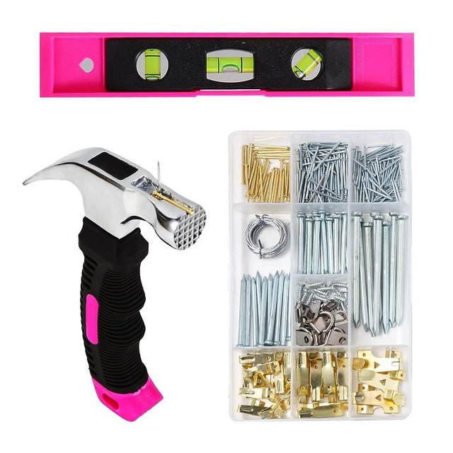 TOYIEW Picture Hanging Kit for Woman, 315pcs Hanging Hardware with Hooks, Wire, Nails, D-Ring, Wall Hanging Kit with Hangers, Magnetic Level and Small Pink Claw Hammer, DIY Tool Set for Home Decor