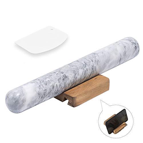 COZYMAT Marble Rolling Pin with Acacia Wood Phone Holder and a Scraper for Fondant/Dough/Baking, Heavy and Solid Stone, White, 12 Inch Long, 1.6 inch Dia.