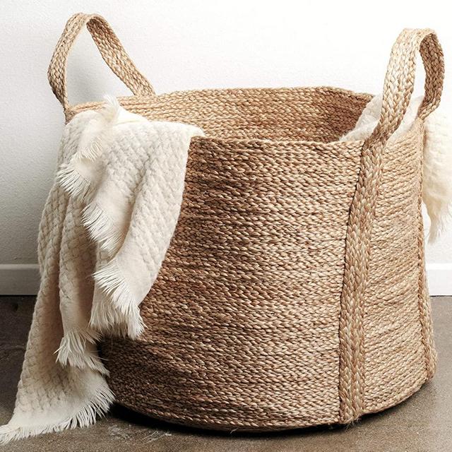 Large Woven Storage Basket Jute | 20” x 16” Tall Decorative Blanket Basket for Living Room, Bathroom or Nursery | Wicker Laundry Hamper Basket with Handles | Handmade Natural Seagrass Coiled Basket.