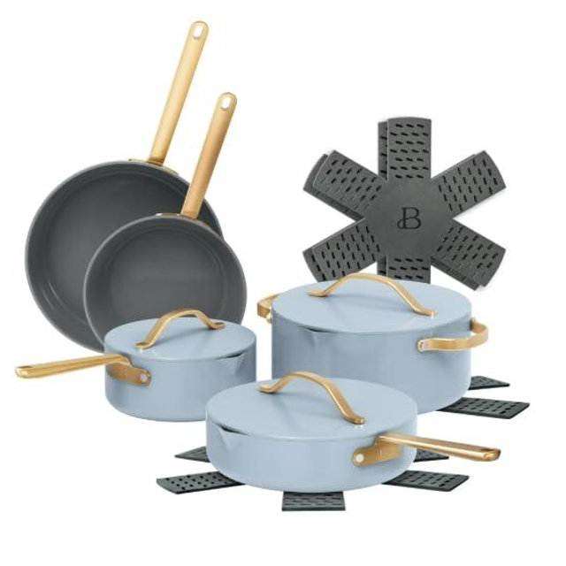 Beautiful 12-Piece Ceramic Non-Stick Cookware Set, Non-Toxic, Induction Compatible, Oven Safe up to 500°F, Dishwasher Safe, by Drew Barrymore (Cornflower Blue)