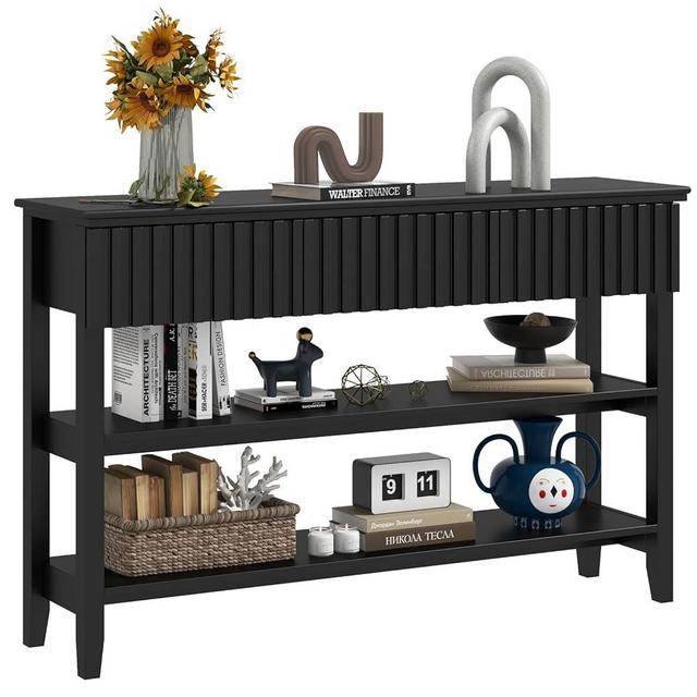 LAZZO Painted Wood Console Table Narrow Long Sofa Table Modern Behind Couch Table Fluted Entryway Table with 3 Drawers and 2-Tier Storage Shelf for Living Room, Foyer and Hallway (Black, 2 Tiers)