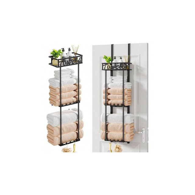 3 - Tier Towel Rack - Over Door Wall Mounted, Black, 6 Hooks, for Small Bathrooms, Campers, RVs Black Standard