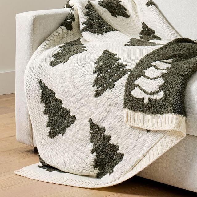 Tree Jacquard Knit Throw, Ivory/Hunter, 50" x 60"