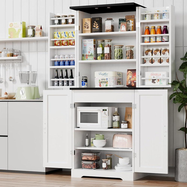 Vongrasig Kitchen Pantry Storage Cabinet with Barn Doors, Drawer and Adjustable Shelves, 6-Tier Tall Rustic Wood Cupboard Locker for Kitchen, Dining Room, Living Room, Bathroom, (White)