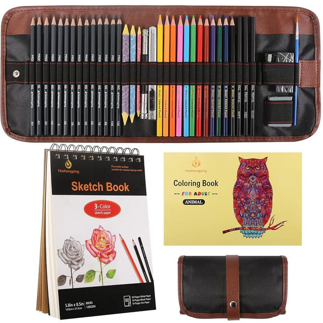 Heshengping, 41pcs Sketching Pencil Set Drawing Sketch Kit Graphite Pencils Charcoal Pencils Watercolor Pencils Blending Stumps 50page sketchbook, coloring book, Beginners Artist Teens and Adults