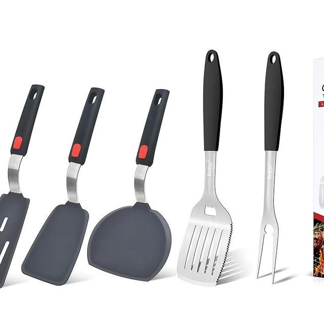 Beijiyi Silicone Spatula and Metal Grill Spatula, Large Flexible Kitchen Utensils and Grill Utensils Set, Burger Spatula with Heat Resistant Silicone Handle
