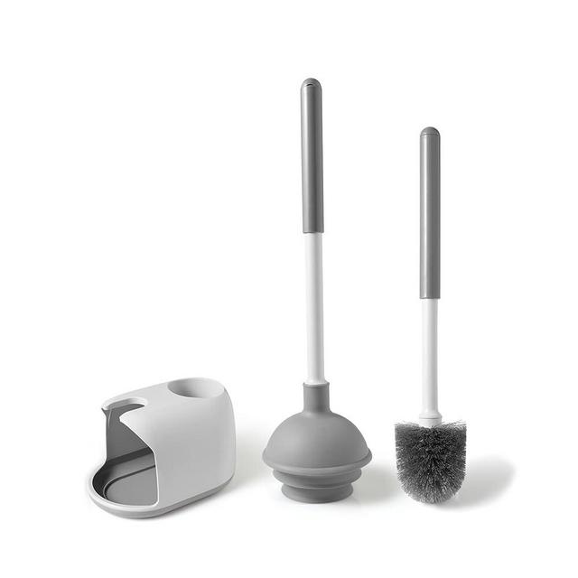 Eyliden Toilet Plunger and Brush Set, 3-Step Suction Cup Toilet Plunger and Bowl Brush Set with Holder, Toilet Plunger Brushes Combo with Caddy (1 Pack, White & Grey)