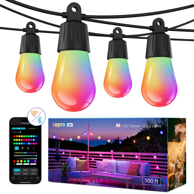 Lepro ZB1 AI Smart Outdoor String Lights APP Control, 100 ft RGB+IC+Warm White Outdoor Lights 30 LED Bulbs, Alexa Google Enabled, NO Remote