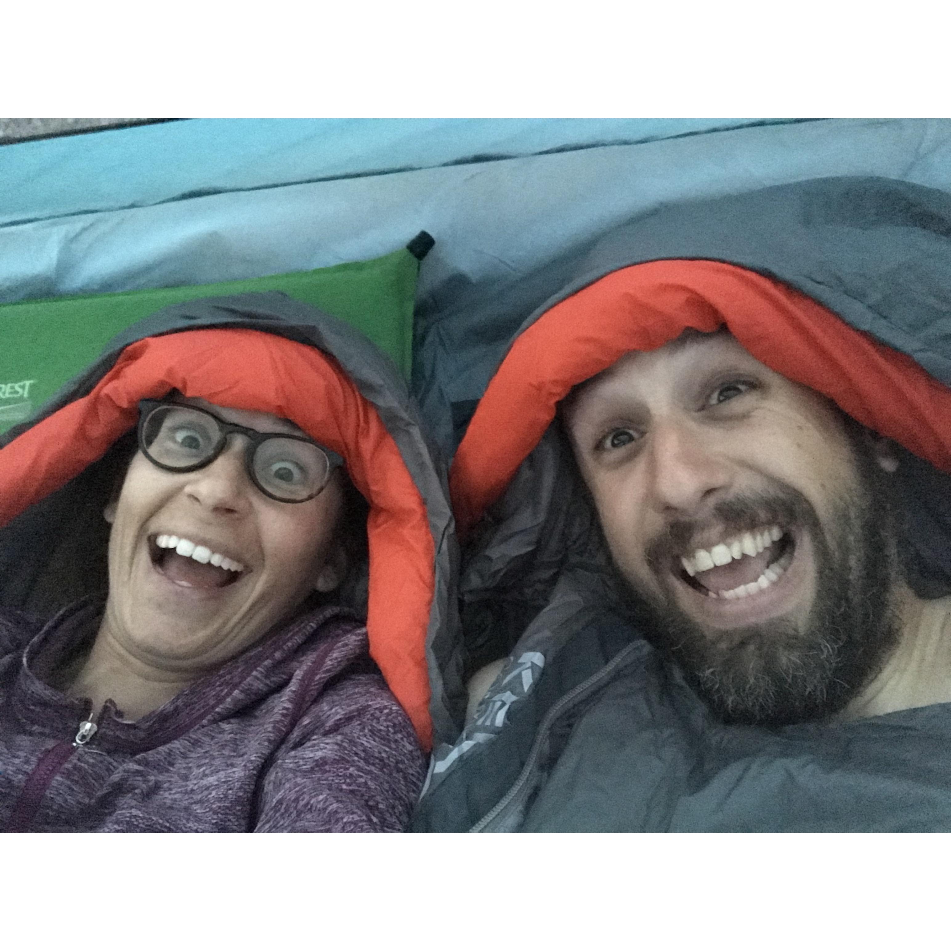 Extremely amped to be using our new sleeping bags while back-country camping in Glacier National Park.
