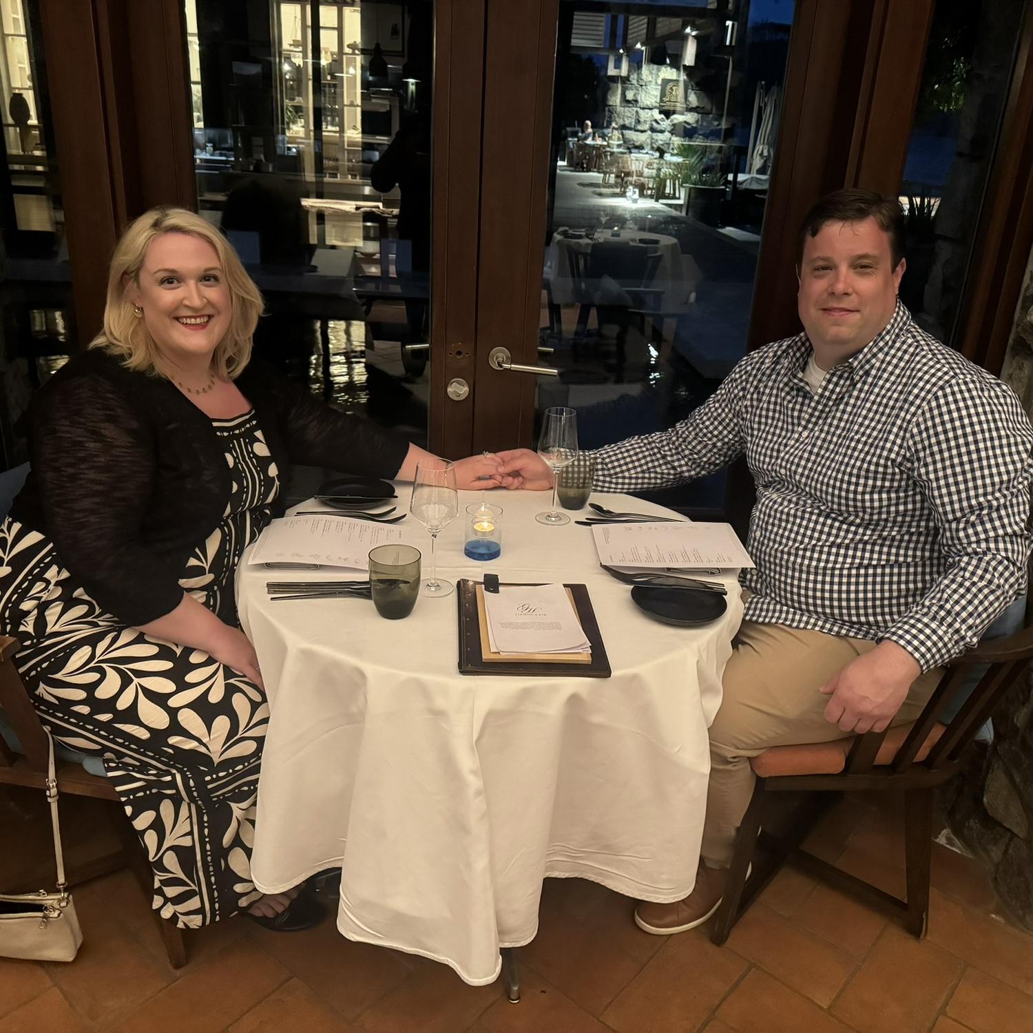 Just before we sat down for dinner in St. Kitts, Corey popped the question! (May 2024)