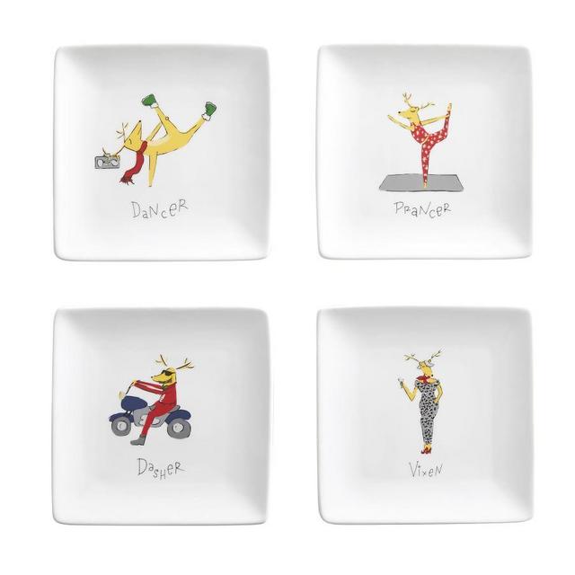 Modern Reindeer Square Appetizer Plates, Set of 4 - Assorted