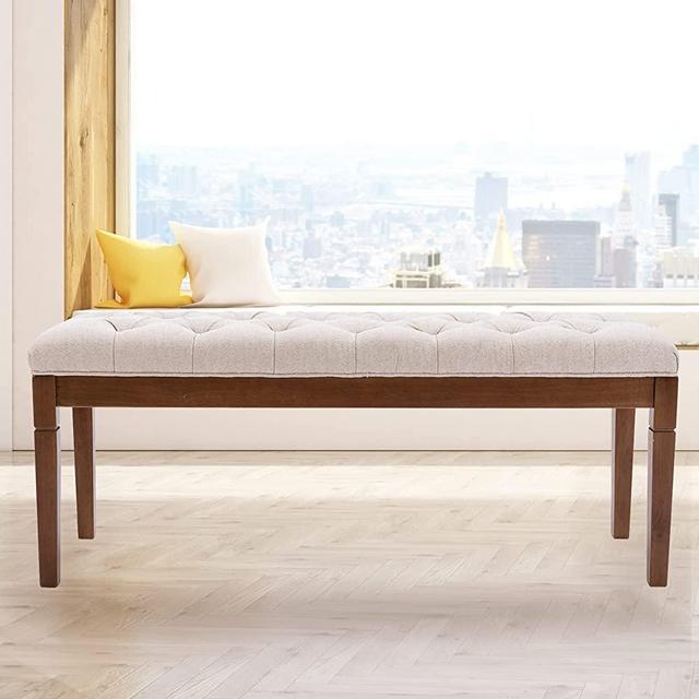 COLAMY Extra-Long Entryway End of Bed Bench 47 Inches, Upholstered Tufted Fabric Vintage Padded Seat Wooden Legs for Bedroom Foot of Bed, Dining Room, Living Room, Hallway (Beige)