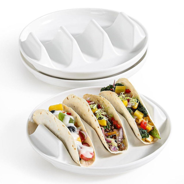 Dizada Taco Holders Set of 3-9" Porcelain Taco Plates with Dividers, Ceramic Taco Stand for Hard Soft Shells, Reusable Taco Serving Tray, Dishwasher Microwave Safe