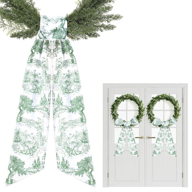 Green Wreath Sashes for Front Door - 2 Pcs Greenery French Toile Sash for Wreath Garland Indoor Outdoor, Rustic Wreaths Sash for Embroidery Monogram Farmhouse