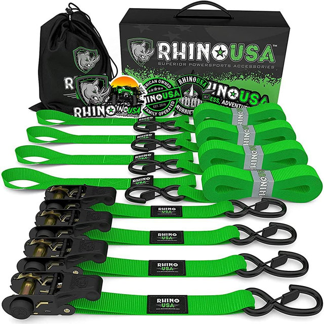 RHINO USA Ratchet Tie Down Straps (4PK) - 1,823lb Guaranteed Max Break Strength, Includes (4) Premium 1" x 15' Rachet Tie Downs with Padded Handles. Best for Moving, Securing Cargo (Green 4-Pack)