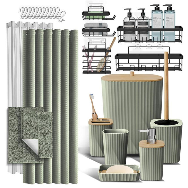 Clara Clark Bathroom Accessories Set - 27PC Bathroom Set with Adhesive Corner Shower Caddy Hanging, Bathroom Sets with Shower Curtain and Rugs, Sage Green Shower Curtain Set with Bathroom Trash Can
