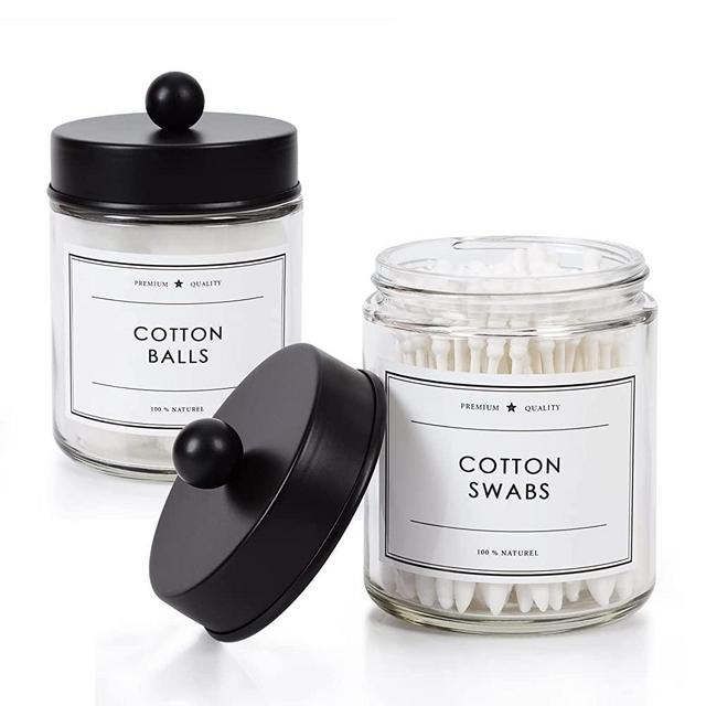 KUSVADO 2-Pack Bathroom Apothecary Storage Jars, Vanity Countertop Canister, Glass Jars Q-tip Holder, Makeup organizer, Cotton Swab Container, Bathroom Storage Container with 8 Pcs Waterproof Labels (9 Oz, Clear)