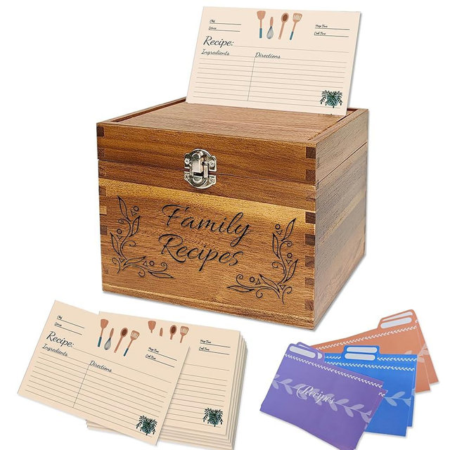 YOJO Wooden Recipe Box With 50 Double Sided 4x6 Recipe Cards and 6 Dividers,Ideal Gift for Christmas,Mother's Day,Wedding,Birthday,Anniversary (Box set style 2)