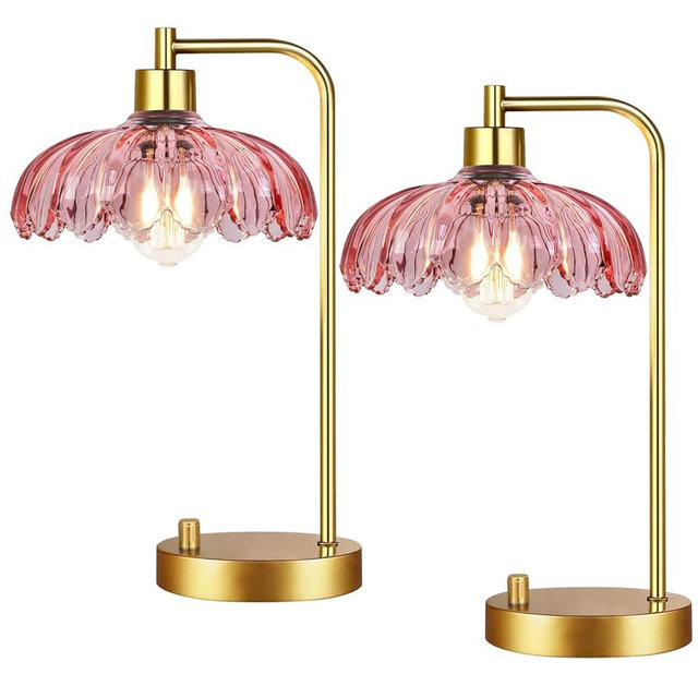 ILLMTW Pink Table Lamp Set of 2,Small Gold Bedside Lamps Dimmable Boho Bedroom Lamp with Tulip Flower Glass Lamp Shade,Vintage Mid Century Modern Mini Nightstand Lamp for Bedroom Living Room